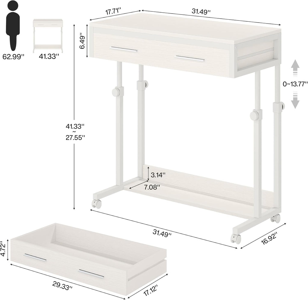 Tribesigns Portable Desk with Drawers, Mobile Laptop Desk with Wheels, Sofa Side Table Bed Desks, Small Standing Desk for Home Office (White)