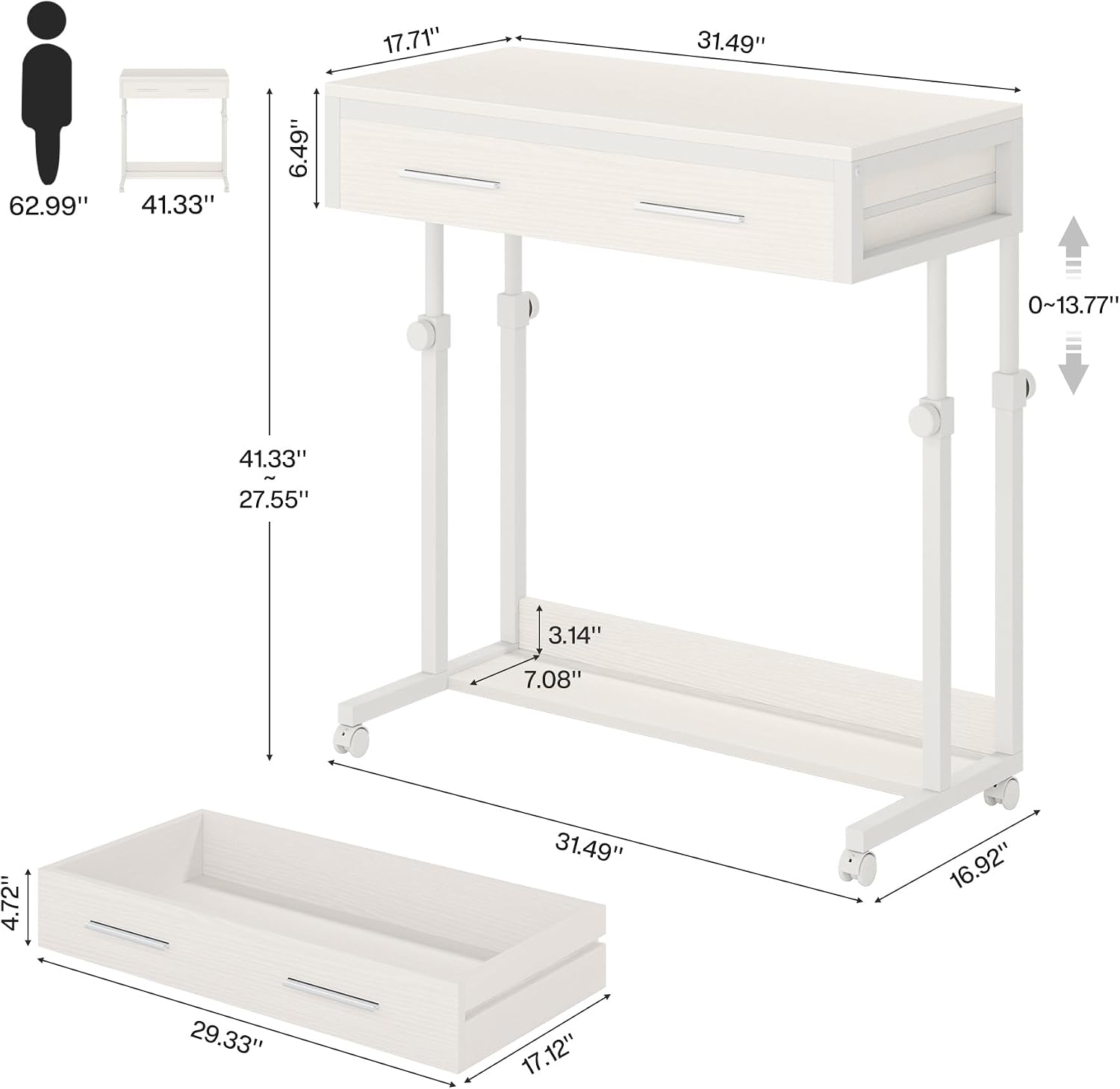 Tribesigns Portable Desk with Drawers, Mobile Laptop Desk with Wheels, Sofa Side Table Bed Desks, Small Standing Desk for Home Office (White)