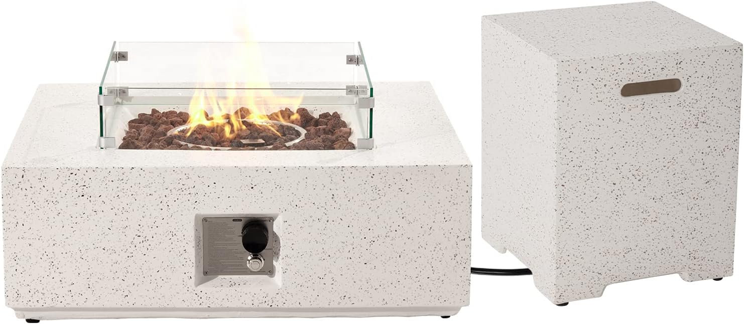 COSIEST 35-inch Square Outdoor Sandstone Propane Fire Pit w Wind Guard and Side Table, Certified, 50,000 BTU Stainless Steel Burner, Free Lava Rocks and Rain Cover, Metal Lid(Beige)