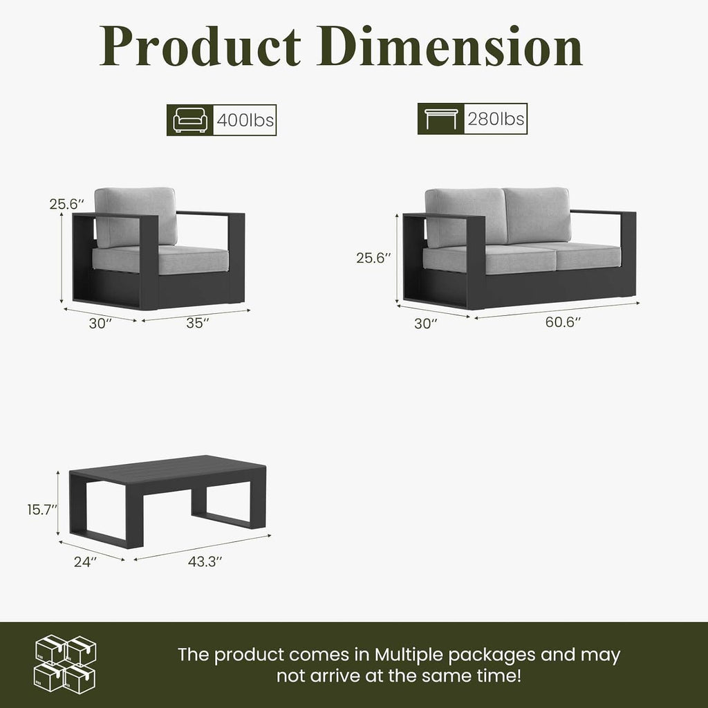 LayinSun Oversized Aluminum Outdoor Furniture Set, 4 Piece Patio Sofa Sets with Coffee Table, Deep Seating and Upgraded 6-inch Cushions for Porch, Balcony, Deck