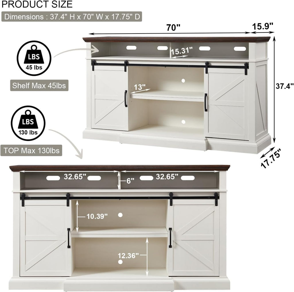 Farmhouse TV Stand for 80 Inch TVs, 37.4'Tall Entertainment Center w/Storage Cabinets and Sliding Barn Door, Media Console Cabinet w/Soundbar & Adjustable Shelves for Living Room, 70 inch (White)