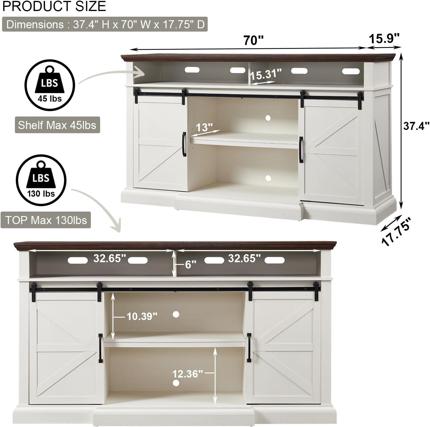Farmhouse TV Stand for 80 Inch TVs, 37.4'Tall Entertainment Center w/Storage Cabinets and Sliding Barn Door, Media Console Cabinet w/Soundbar & Adjustable Shelves for Living Room, 70 inch (White)