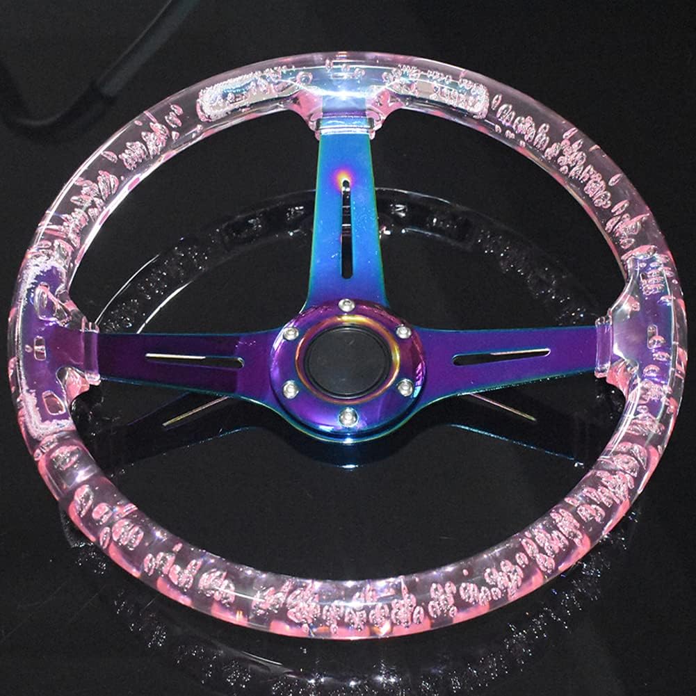 Car Steering Wheel,Universal 350mm/13.8 Inch Steering Wheel Deep Dish 6 Bolt Sports Drifting Steering Wheel with Horn Button and Screws for Most Vehicles,Pink Colorful