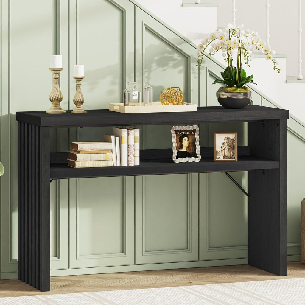 BON AUGURE Console Table with Storage, Black Entryway Table, Wooden Couch Tables Behind Sofa for Living Room, 2 Tier Front Door Entrance Tables (Black Oak, 47 Inches)
