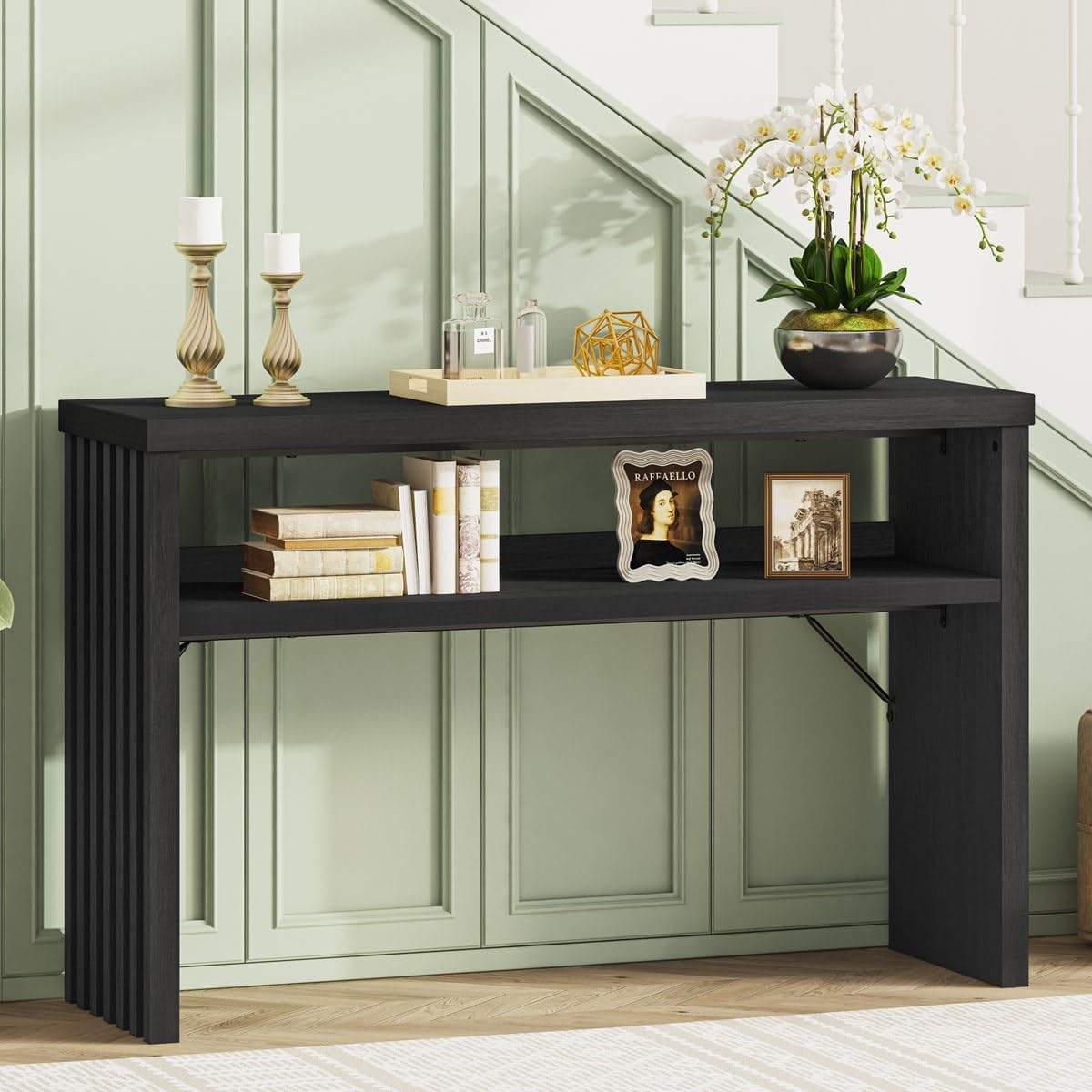 BON AUGURE Console Table with Storage, Black Entryway Table, Wooden Couch Tables Behind Sofa for Living Room, 2 Tier Front Door Entrance Tables (Black Oak, 47 Inches)