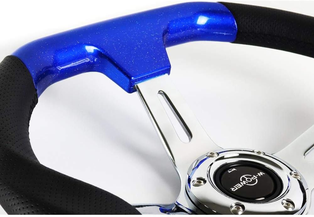 W Power Exclusive 13.5' Pearl Blue Wood Grip 6 Lug Bolt Hole Chrome 3-Spoke Vintage Steering Wheel