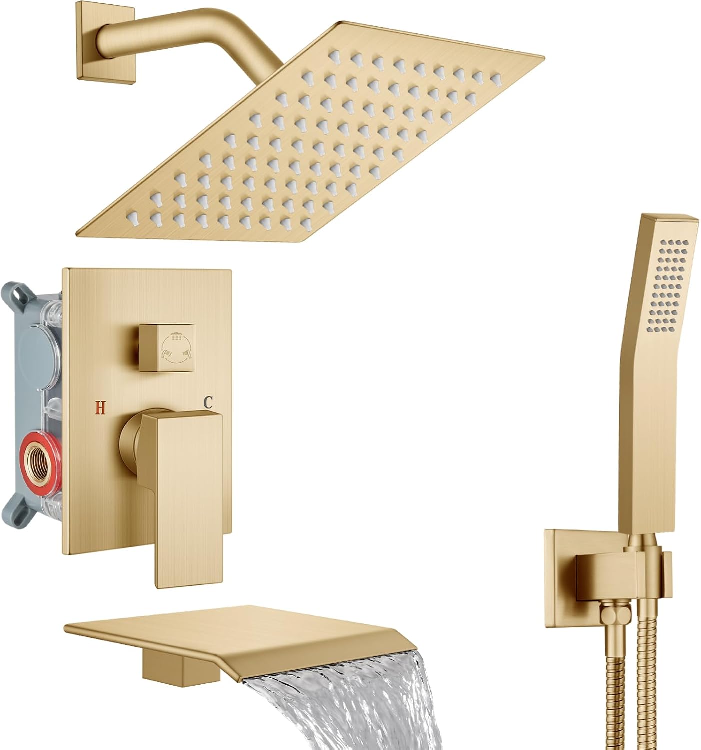 Midanya Shower System with Tub Spout,Bathtub Shower Faucet Set with Square Rainfall Head and Handheld Sprayer Wall Mount Tub Faucet Set with Valve and Trim Kit,8 Inch Brushed Gold