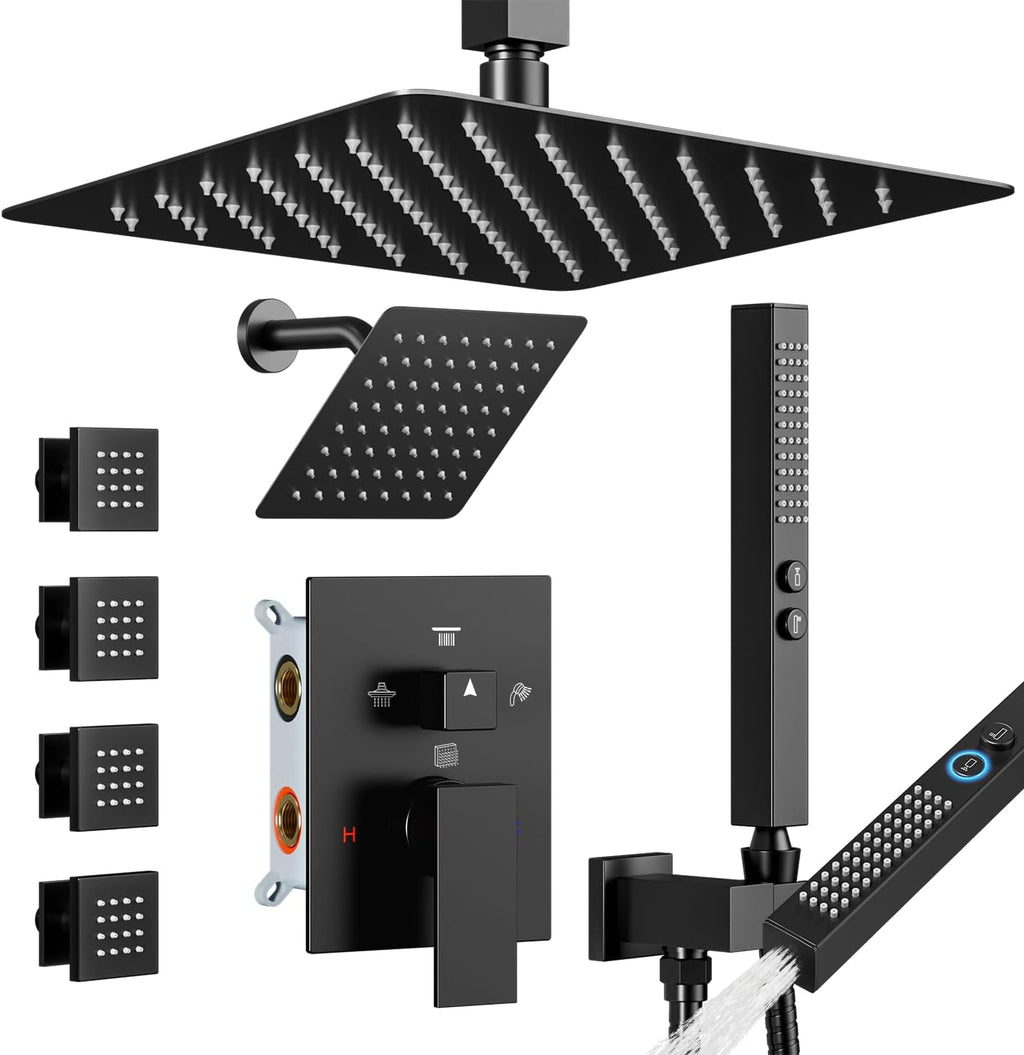 Shower System with Body Jets Matte Black, STARBATH 4 Way 12+6' Shower Faucet Sets Complete with 2 in 1 Handheld,Ceiling Mounted Rainfall Dual Shower Head with 4 Body Spray Jets, Shower Jets System