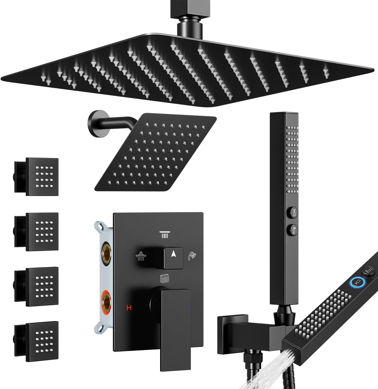 Shower System with Body Jets Matte Black, STARBATH 4 Way 12+6' Shower Faucet Sets Complete with 2 in 1 Handheld,Ceiling Mounted Rainfall Dual Shower Head with 4 Body Spray Jets, Shower Jets System