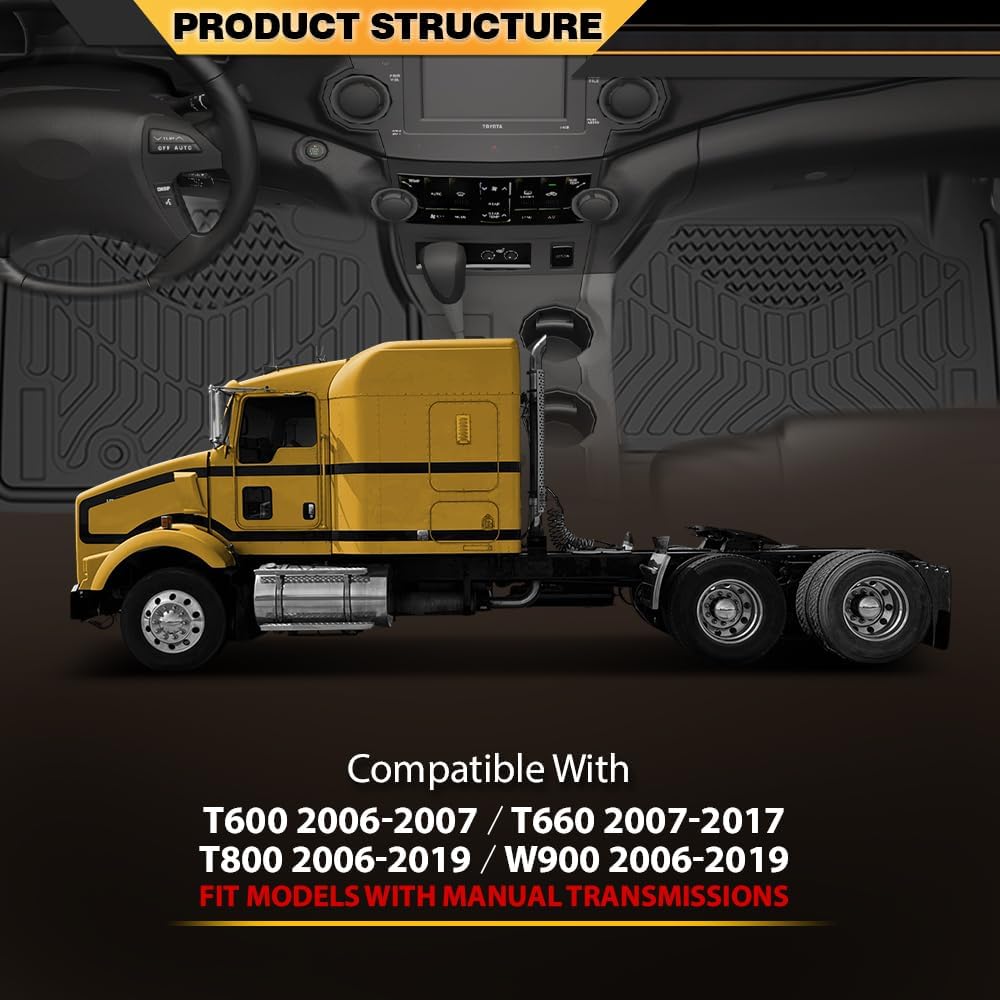 TPE Floor Mats Fit Kenworth T600 2006-2007, T660 2007-2017, T800 / W900 2006-2019, Fit Models with Manual Transmissions Truck Accessories Cargo Liners All Weather Protection 3PCS Alfombras para Carro