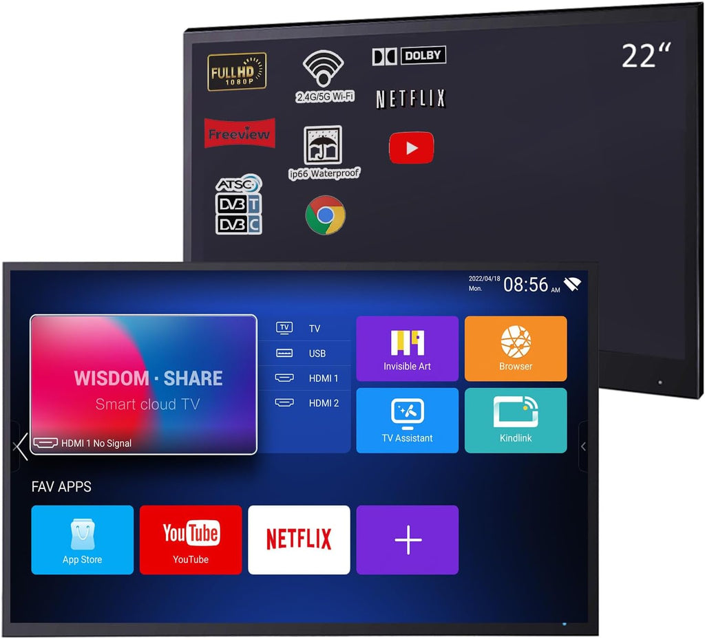Soulaca 22 inches Black Color Smart Waterproof Bathroom LED Android TV SPA ATSC DTV Tuner WiFi Bluetooth Hotel Television Luxury Kitchen SPA Model 12V DC
