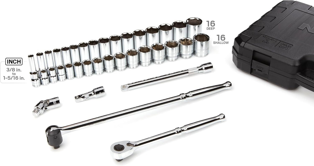 TEKTON 1/2 Inch Drive Shallow and Deep 6-Point Socket and Ratchet Set with Case, 37-Piece (3/8 - 1-5/16 in.) | SKT25101