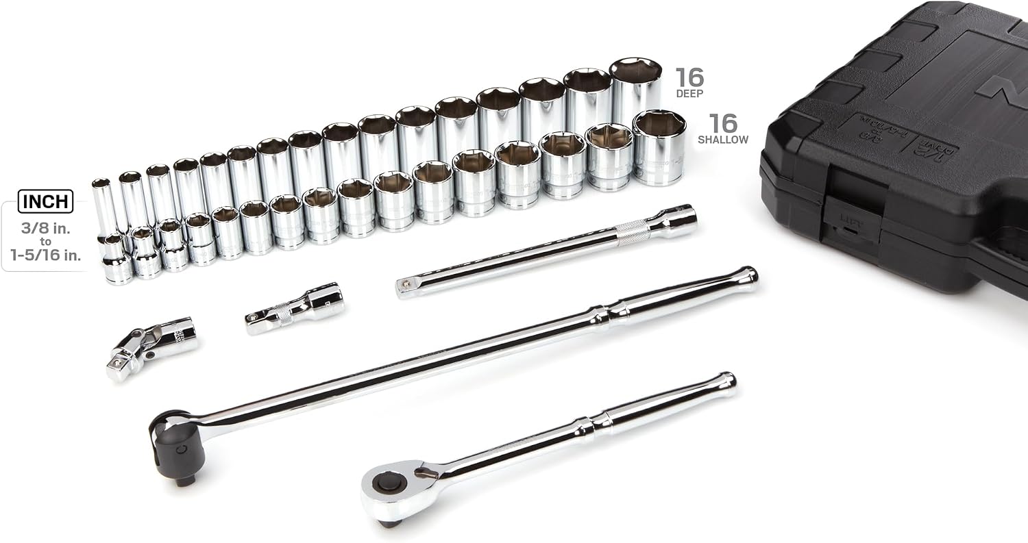 TEKTON 1/2 Inch Drive Shallow and Deep 6-Point Socket and Ratchet Set with Case, 37-Piece (3/8 - 1-5/16 in.) | SKT25101