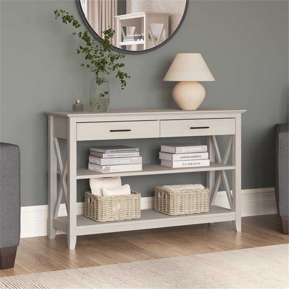Bush Home Key West Console Table with Drawers and Shelves in Linen White Oak