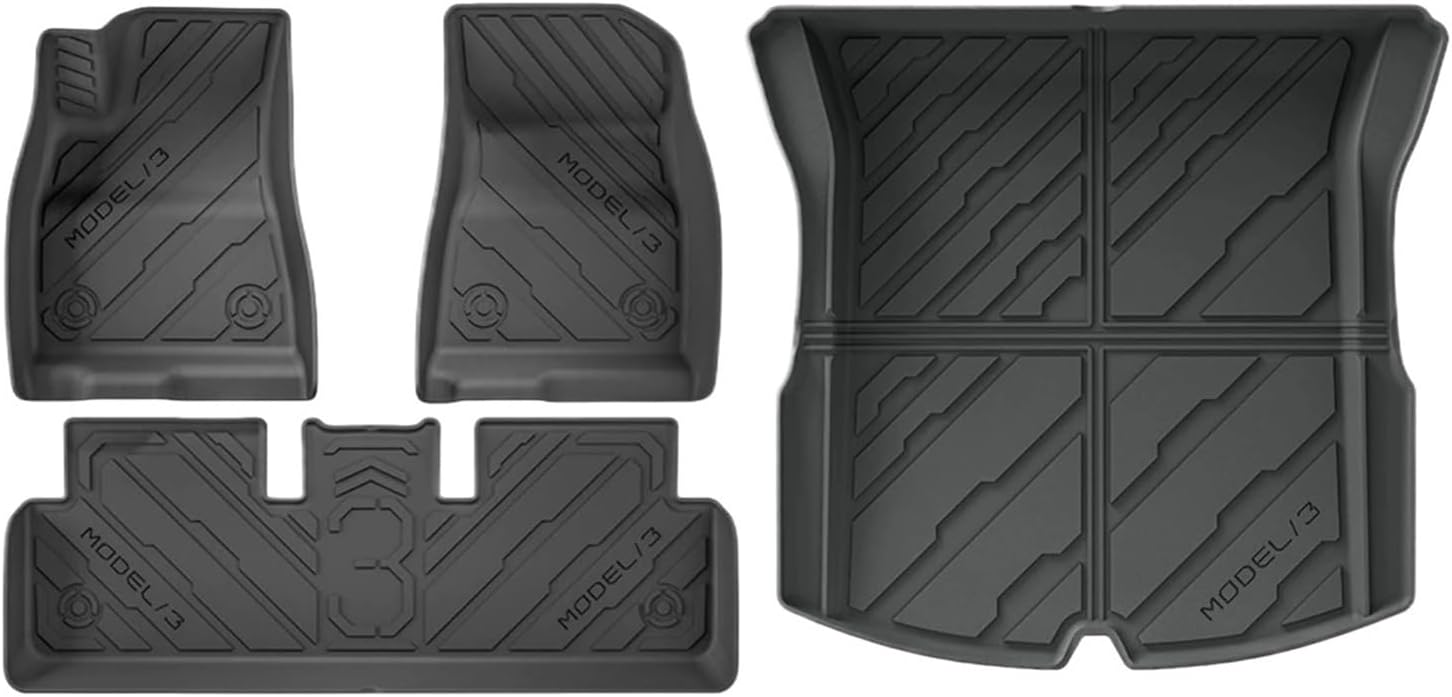 Compatible with Tesla Model 3 Highland 2024 2025+ TPE Floor Mats & Cargo Liner, 3D Cyber Style Waterproof Anti-Slip Trunk Mat Backrest Mats(4PCS LHD Set)