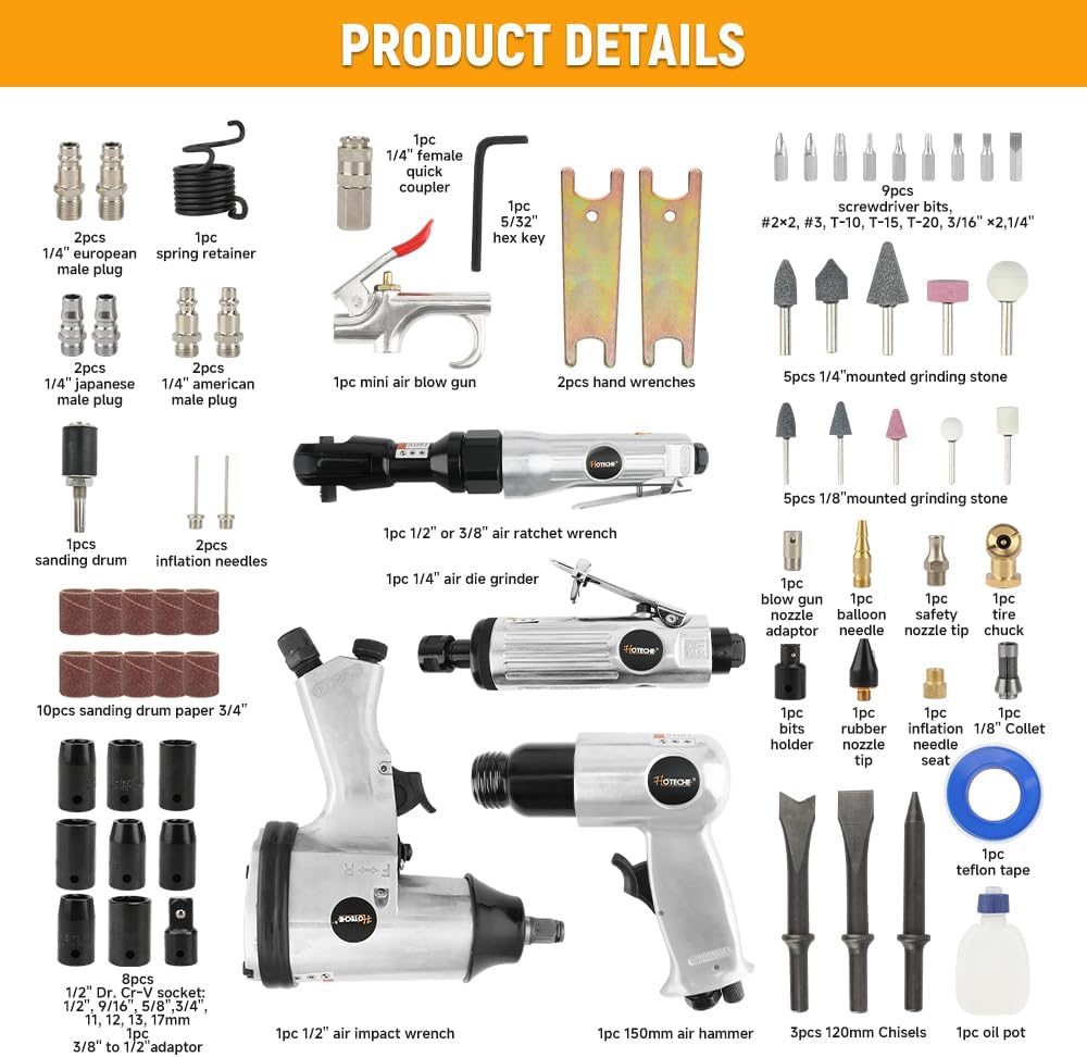 Hoteche 71-Piece Air Tool Kit | 1/2' Single-Hammer Air Impact Wrench (7000RPM), 1/2' Air Ratchet Wrench & Multiple Tools, Blow-Molded Case
