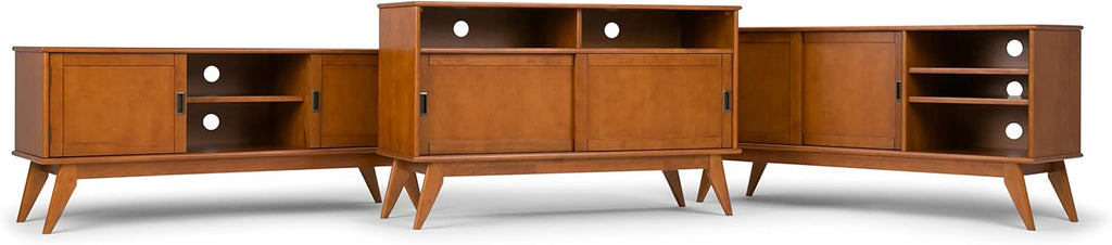 SIMPLIHOME Draper TV Stand - 60 inch Wide Solid Wood Low Media Console in Teak Brown, Mid Century Modern Entertainment Center for Living Room for TVs up to 65 Inches with Cabinets and Cable Management