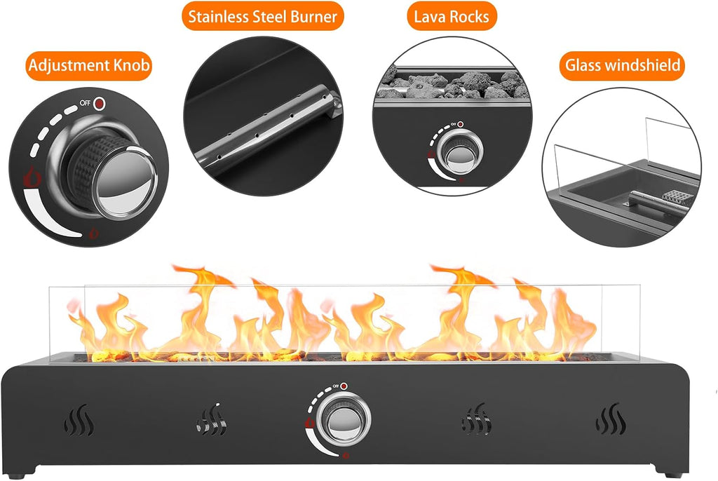 Onlyfire 28'' Tabletop Fire Pit with Cover, Propane Gas Fireplace with Rear Air Inlet, Glass Wind Guard and Lava Rock, Outdoor Patio Rectangular Smokeless Fire Table