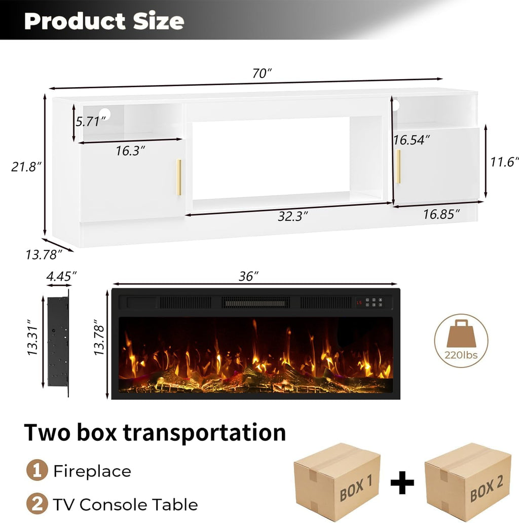 TV Stand with Fireplace, 70 Inch Fire Places TV Stand for Living Room, 36' White Electric Fireplace TV Stands, LED Entertainment Center with Fireplace, Up to 80' TVs