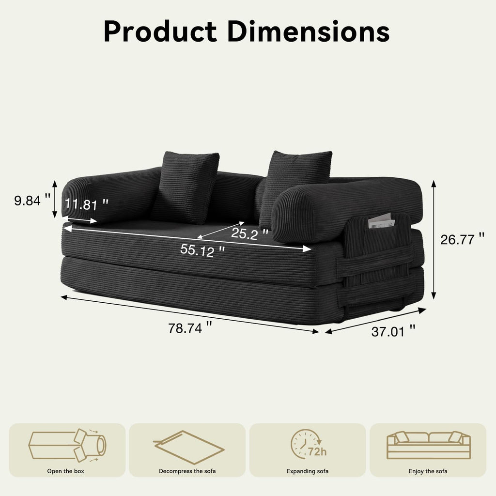 79' Sofa Bed Convertible Boneless Couch Corduroy Modular Couch Bed with Fixed-Shape Frame & Removable Armrests for Living Room, Bedroom (Black)