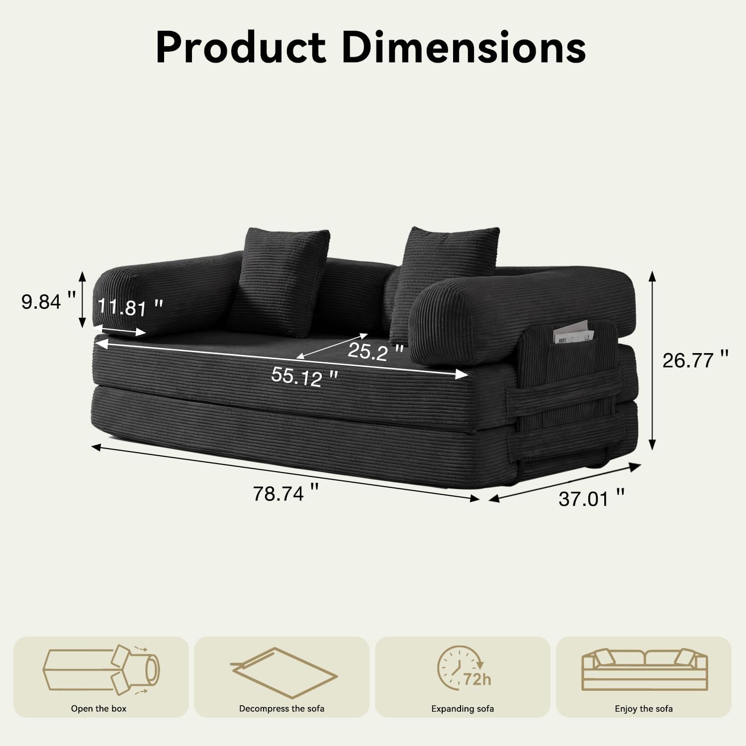 79' Sofa Bed Convertible Boneless Couch Corduroy Modular Couch Bed with Fixed-Shape Frame & Removable Armrests for Living Room, Bedroom (Black)