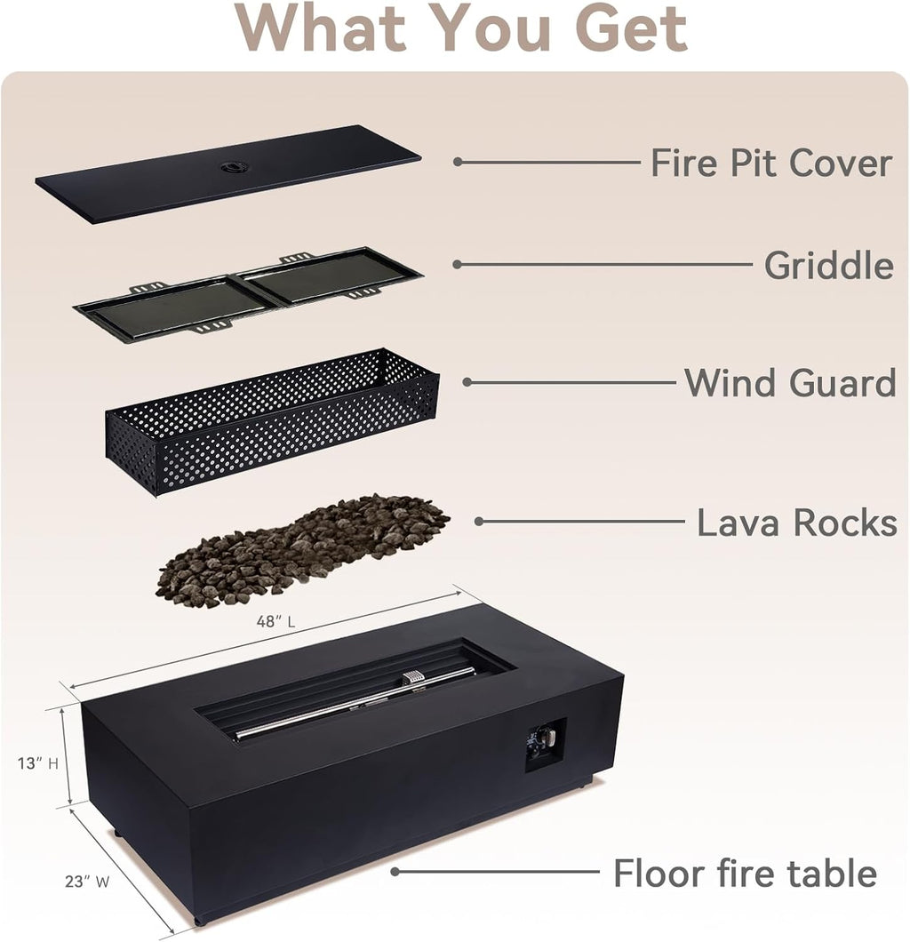 48 Inch Propane Fire Pit Table, 3-in-1 Rectangle Gas Fire Pits, 50,000 BTU Outdoor Fire Pit with Tank Cover, Griddle and Rain Cover, Suitable for Patio, Balcony and Courtyard