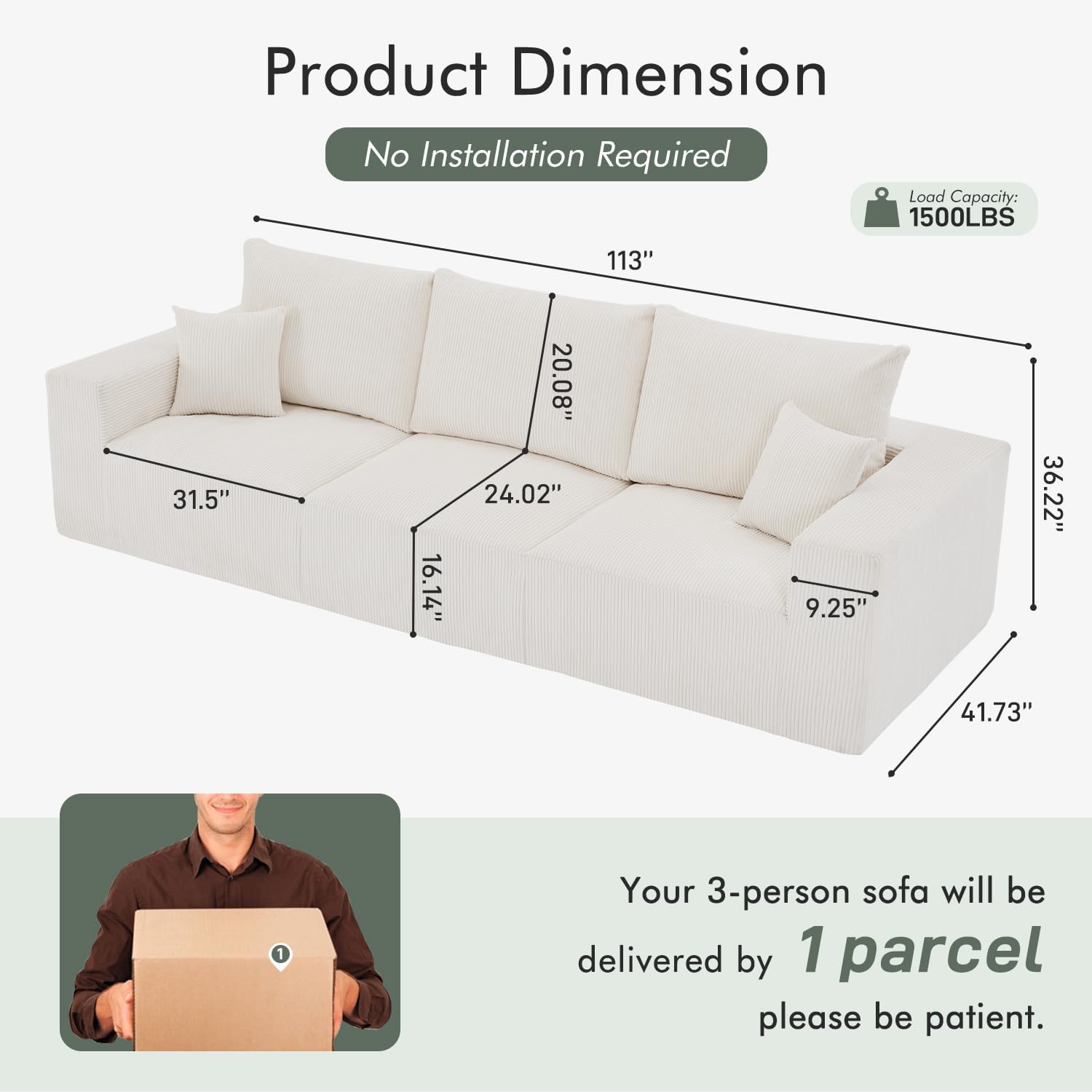 Gericco 113' Modular Sectional Couch, Cloud Boneless Sofa with Deep Seats, Upholstered Corduroy Sleeper Sofa Bed with 3-Seater for Living Room, No Assembly Required, Beige