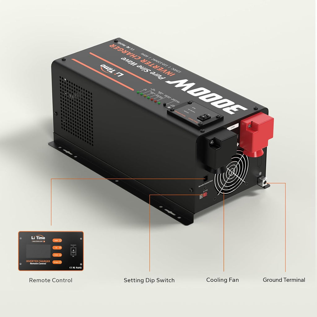 LiTime 3000W Pure Sine Wave Inverter Charger, 12V DC to 110V - 120V AC, 9000W Peak Power, 5A - 45A Adjustable Current, with Remote Control Panel, UPS Function, for RV and Home Backup