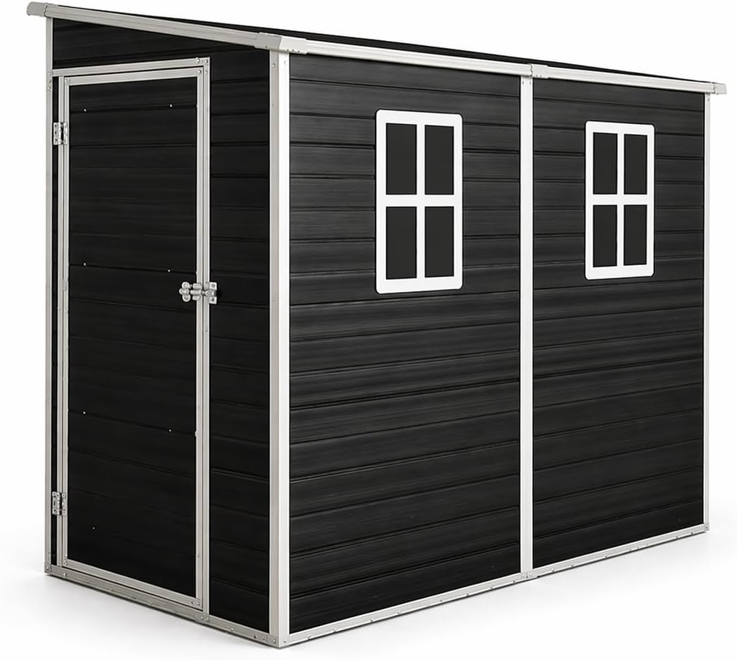 JT 4 x 8 FT Resin Storage Shed, Waterproof Garden Shed with Floor, 2 Windows, Lockable Door and Vent, Outdoor Sheds for Backyard,Tools and Lawn Mower (Black)