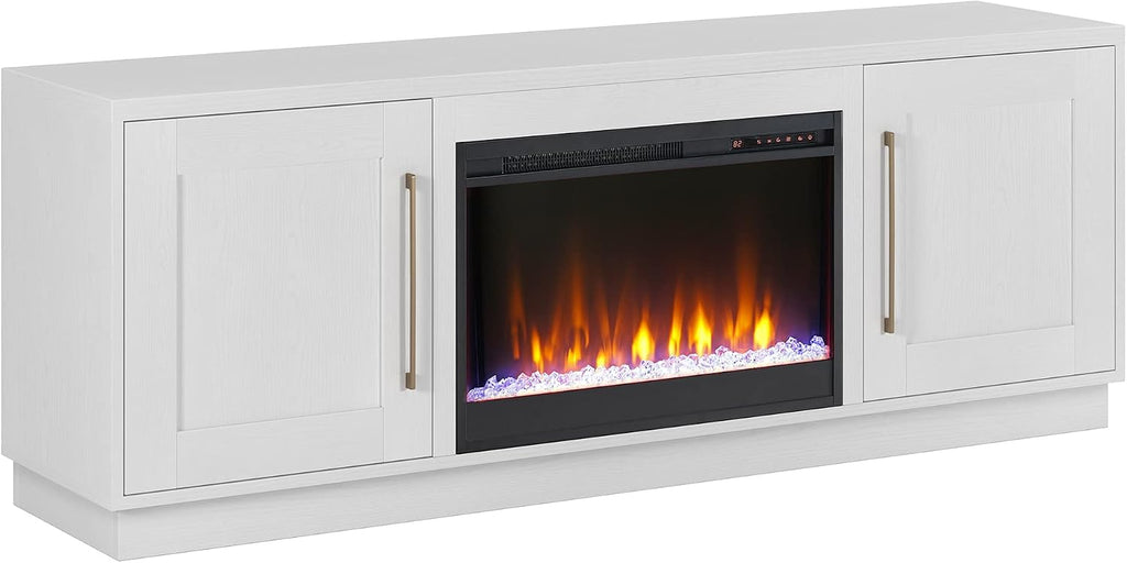 Henn&Hart TV Stand for TVs up to 75' with 26' Electric Crystal Rocks Fireplace for Living Room, Family Room, or Office, Cloud White