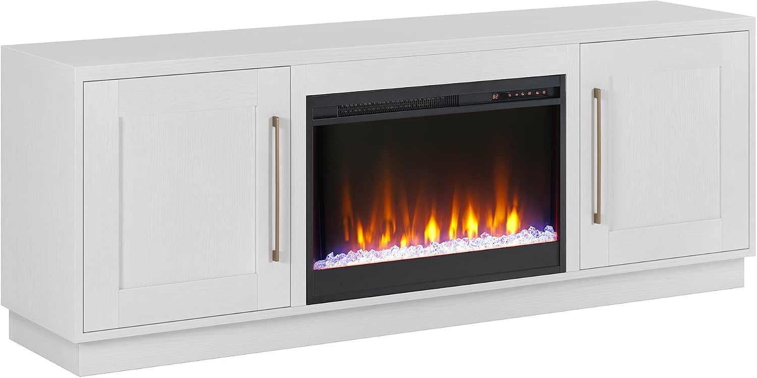 Henn&Hart TV Stand for TVs up to 75' with 26' Electric Crystal Rocks Fireplace for Living Room, Family Room, or Office, Cloud White