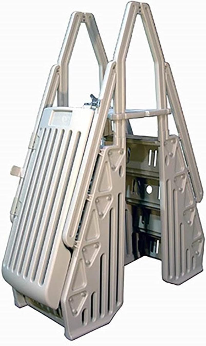 Vinyl Works 24 Inch Double Pool Step Ladder with Gate, Adjustable Stair Entry System with Handrails for Above Ground Swimming Pools, Taupe