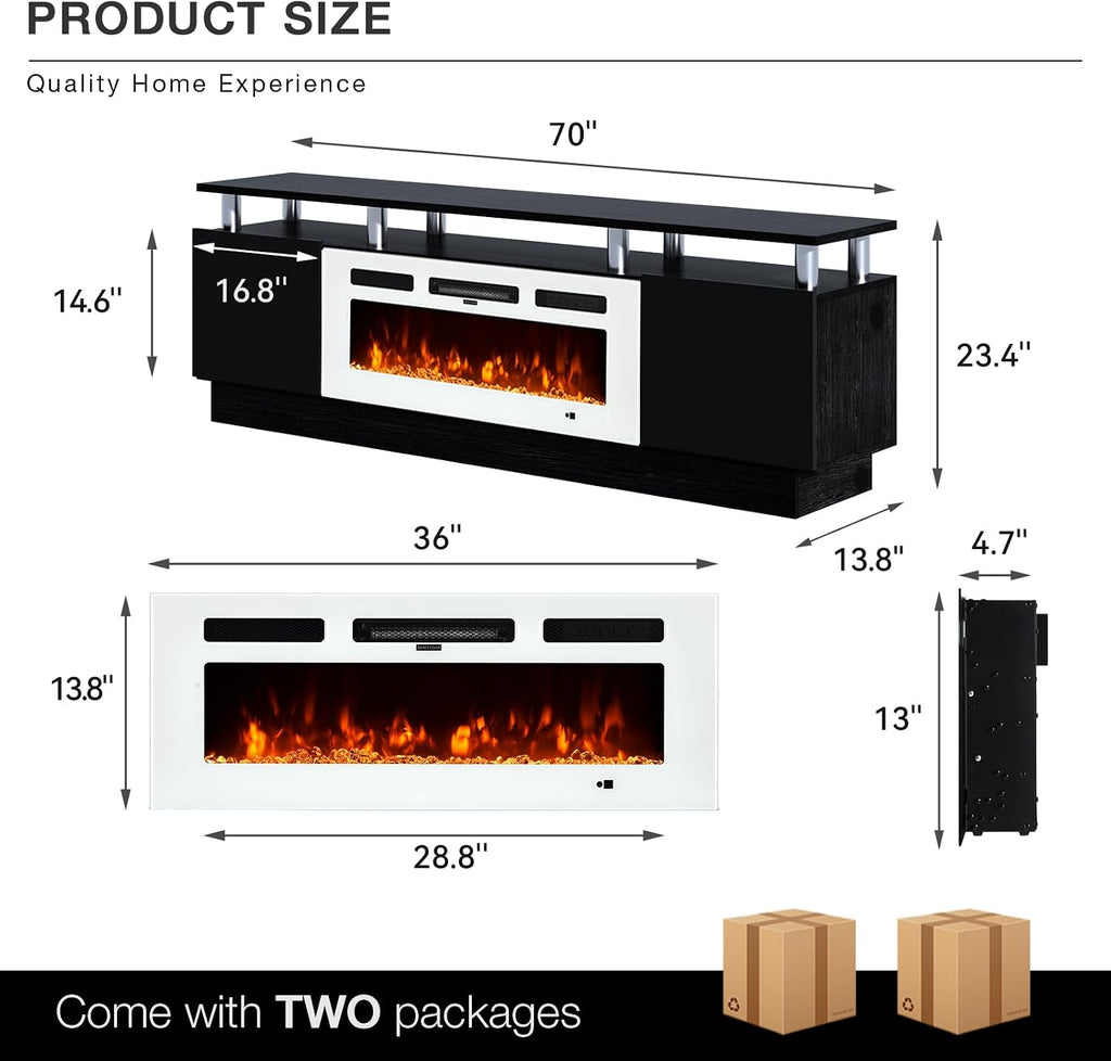 MXV 70' Fireplace TV Stand, Modern Entertainment Center & 36 Inch Electric Fireplace with Remote Control, LED Light, Fire Place Tv Stand for Living Room for TVs up to 80', Black + White