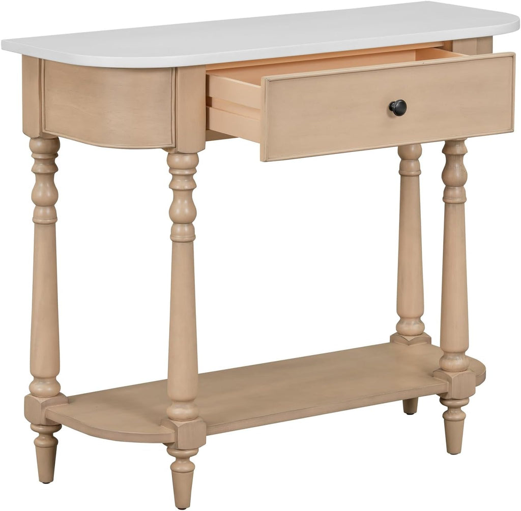 Retro Curved Console Table, 36' Solid Wood Half Moon Console Table Sofa Table Entryway Table with 1 Drawer 1 Open Shelf Roman Legs Curved Corners for Living Room,Entryway,Hallway,White+Beige
