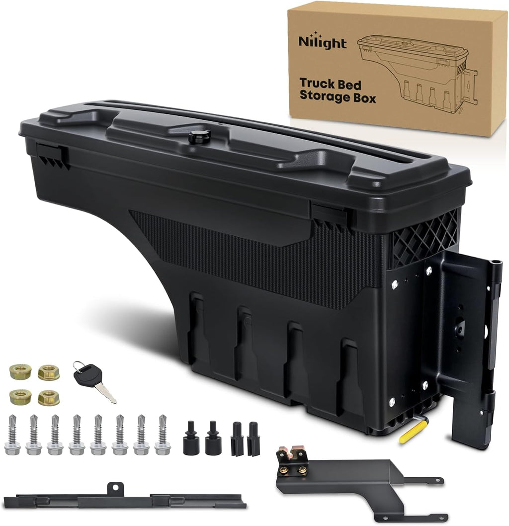 Nilight Truck Bed Tool Box Right Passenger Side Truck Tool Box Fit for Ford F-250/350 Super Duty 2017-2021 ABS Swing Case Truck Bed Storage Box with Lockable Lid Waterproof Wheel Well Toolbox Black