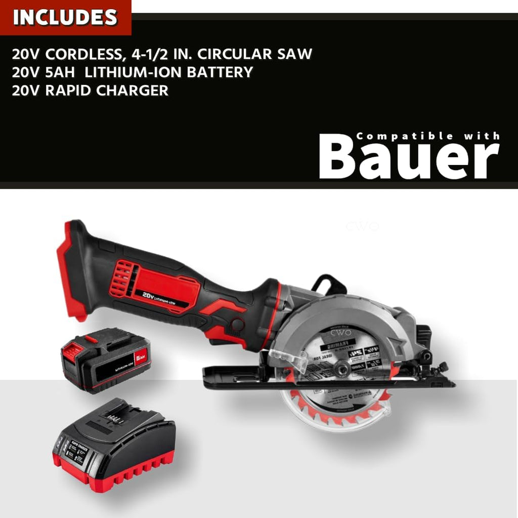 Generic NEW! Fits BAUER 20-Volt Lithium-Ion Cordless Combo Kit (3-Item Bundle) with 4-1/2 in. Contractor Grade Circular Saw, 5Ah High Capacity Battery & Rapid Charger, Red and Black, BAUKIT-8401