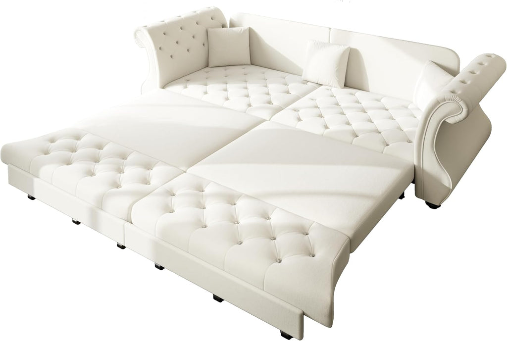 97.6' King Size Sleeper Sofa Bed, 3-in-1 Convertible Pull Out Chesterfield Sleeper Couch, Oversized Velvet Flower Button Tufted 4-Seat Sofa for Living Room Apartment, Beige White