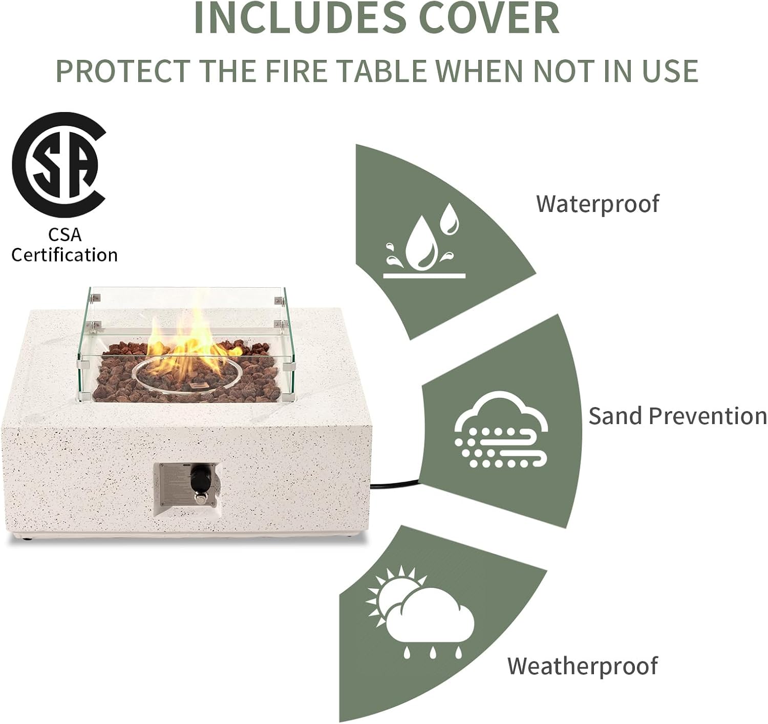 COSIEST Square Outdoor Sandstone Propane Fire Pit w Wind Guard, Certified, 50,000 BTU Stainless Steel Burner, 35-inch, Free Lava Rocks and Rain Cover, Tank Outside, Metal Lid