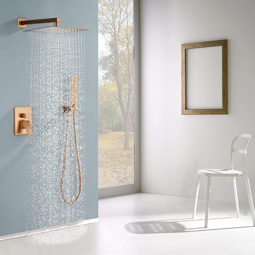 Iriber Brushed Rose Gold Rain Shower System with 12 Inch Shower Head and Handheld Bathroom Wall Mounted Shower Set Contain Shower Faucet Mixer and Trim Kit (Valve Included)