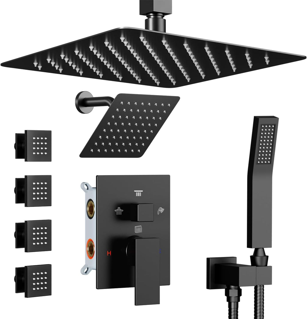 Shower Systems with Body Jets, STARBATH 4 Way 12+6' Rainfall Shower Head with Handheld Spray Combo, Ceiling Mounted Shower Jets System in Wall Shower Faucet Sets Complete, Matte Black