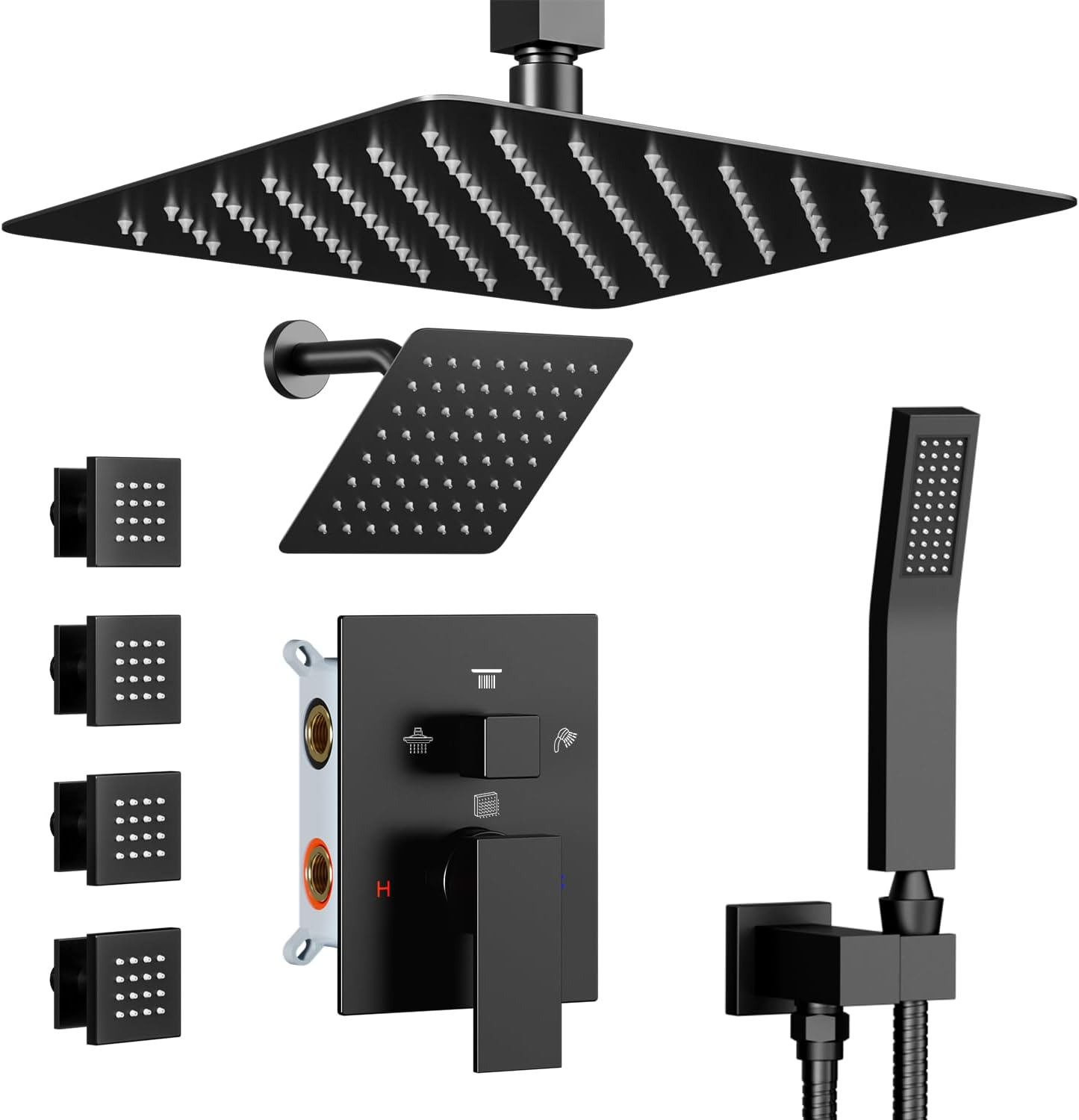Shower Systems with Body Jets, STARBATH 4 Way 12+6' Rainfall Shower Head with Handheld Spray Combo, Ceiling Mounted Shower Jets System in Wall Shower Faucet Sets Complete, Matte Black