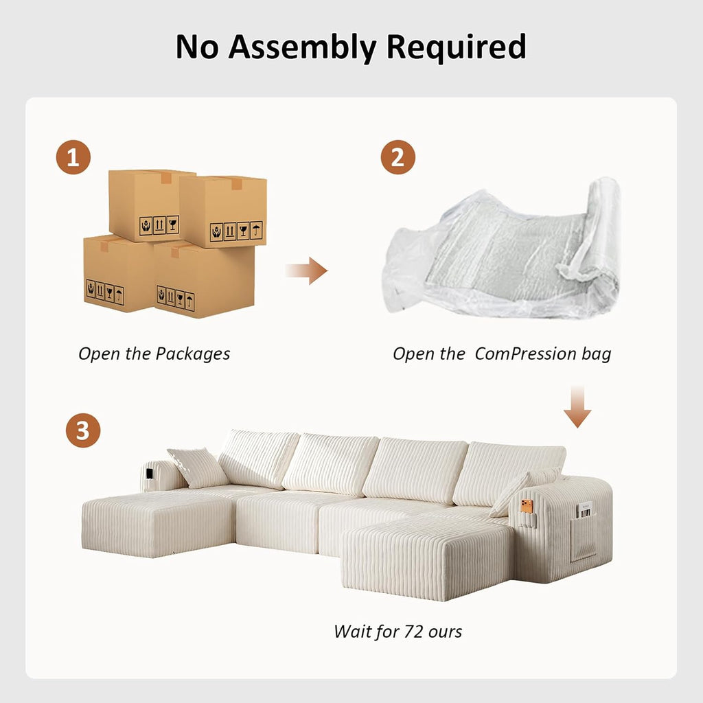 Modular Sectional Sofa, Boneless Couches for Living Room, L-Shape Sofa Couches,Cloud Couch Sectional, Comfy Corduroy Sofa, with Deep Seat, No Assembly Required (Beige, 4 Seater + 2 Ottoman)