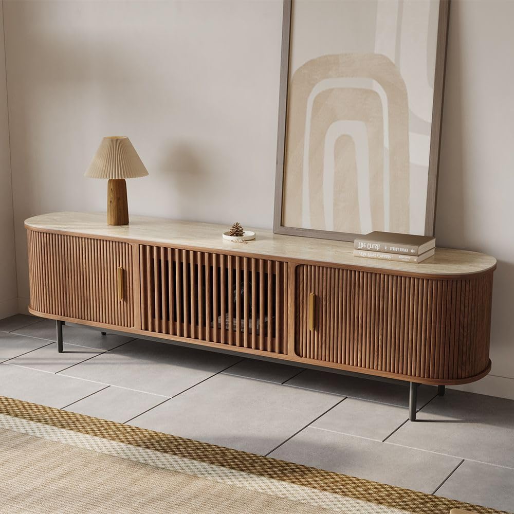 POVISON Fully-Assembled Sliding Tambour Door TV Stand, Mid Century Modern Sintered Stone TV Console, Wood Media Console for 75 Inch TV, Entertainment Center with Storage Cabinet (Walnut, 78.74')