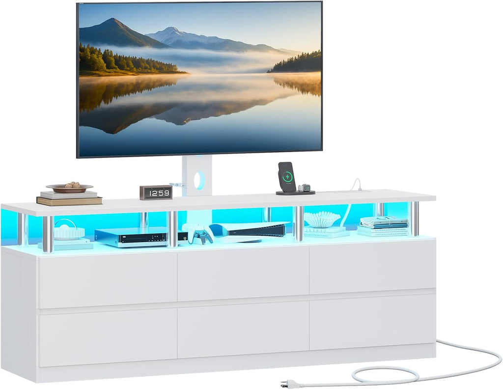 ADORNEVE TV Stand with Mount and Power Outlet, TV Mount for 32/45/55/60/65/70 inch TVs, Modern LED TV Stand with 6 Drawers,White Entertainment Center for Living Room,Bedroom