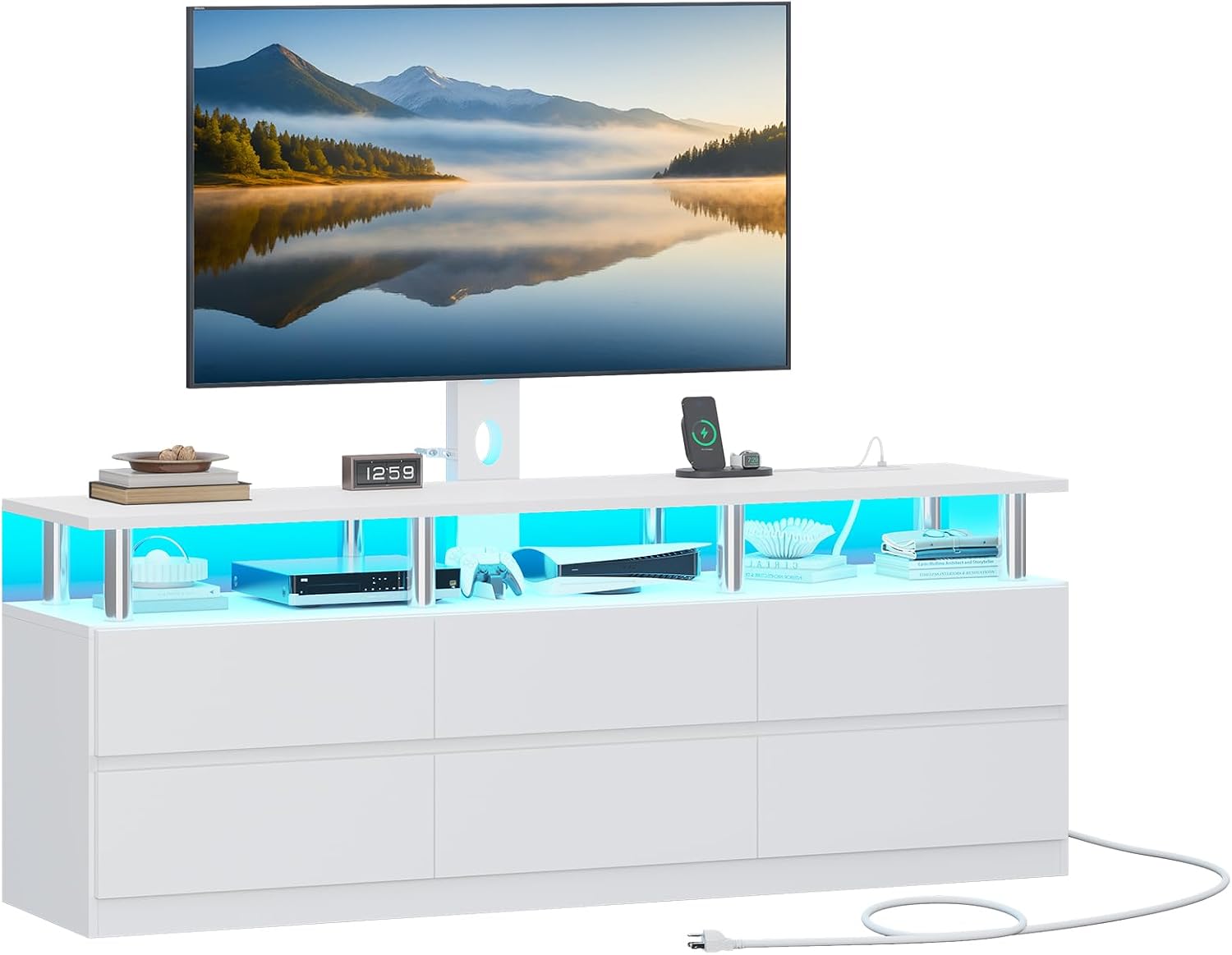 ADORNEVE TV Stand with Mount and Power Outlet, TV Mount for 32/45/55/60/65/70 inch TVs, Modern LED TV Stand with 6 Drawers,White Entertainment Center for Living Room,Bedroom