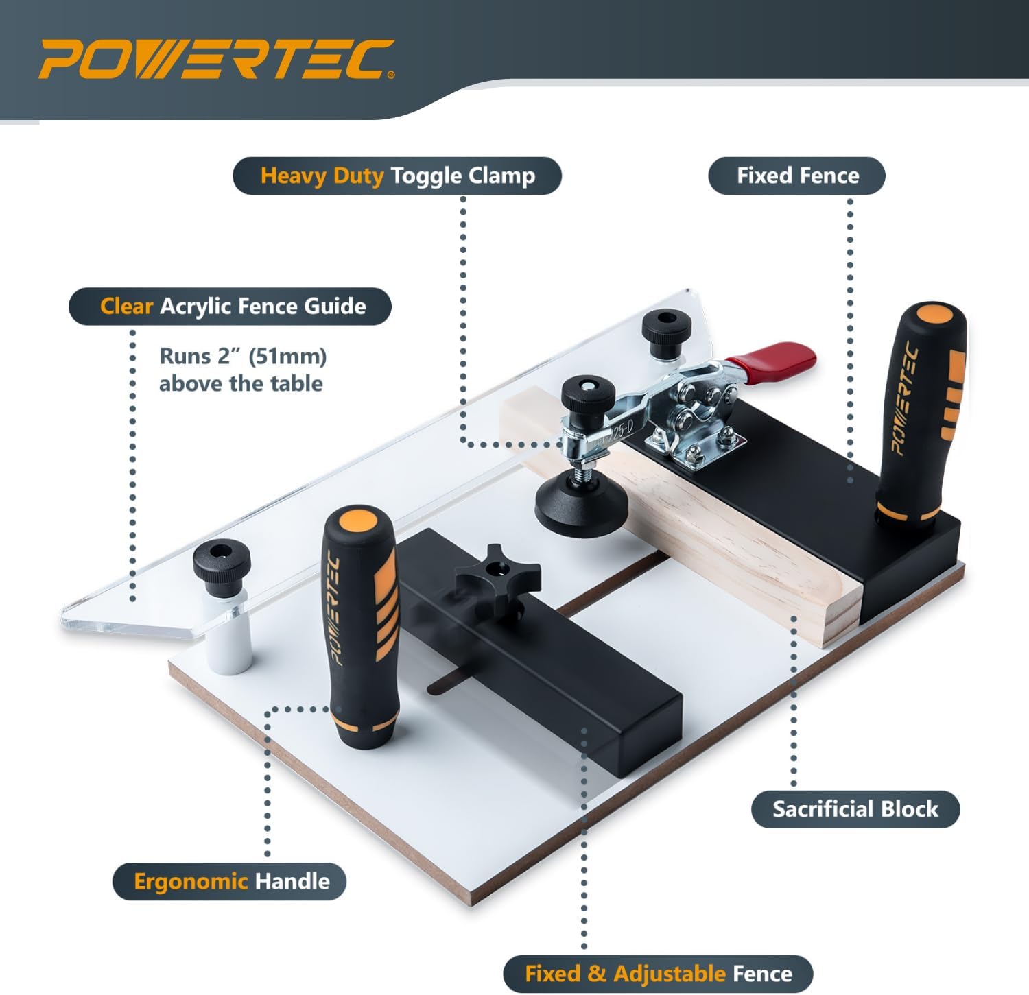POWERTEC 72032 Deluxe Router Table Fence System 3-3/8' Tall 24' Long and Rail Coping Sled for Router Tables, Professional Precise Cutting Rail for Cabinet Door Joints, Drawers and Woodworking