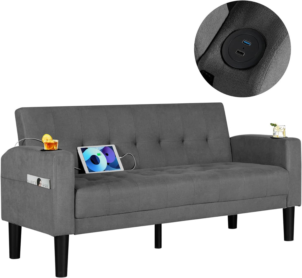 AILEEKISS 62' Loveseat Couches Upholstered Fabric Linen Love Seat Sofas Couch with 2 USB, Cup Holders, Side Pocket, Modern Tufted Sofa for Living Room, Office, Bedroom, Apartment (2-Seat, Dark Grey)