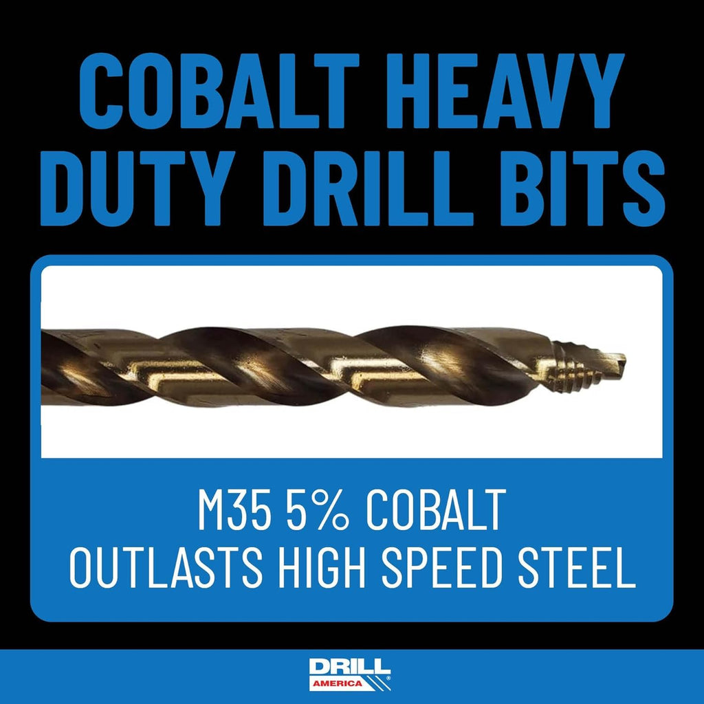 Drill America 15 Piece Cobalt Stepped Point Drill Bit Set in Round Case w/Gold Oxide Finish for Drilling Acrylic, Steel, Hard Metals, Sizes 1/16' to 1/2' x 32nds