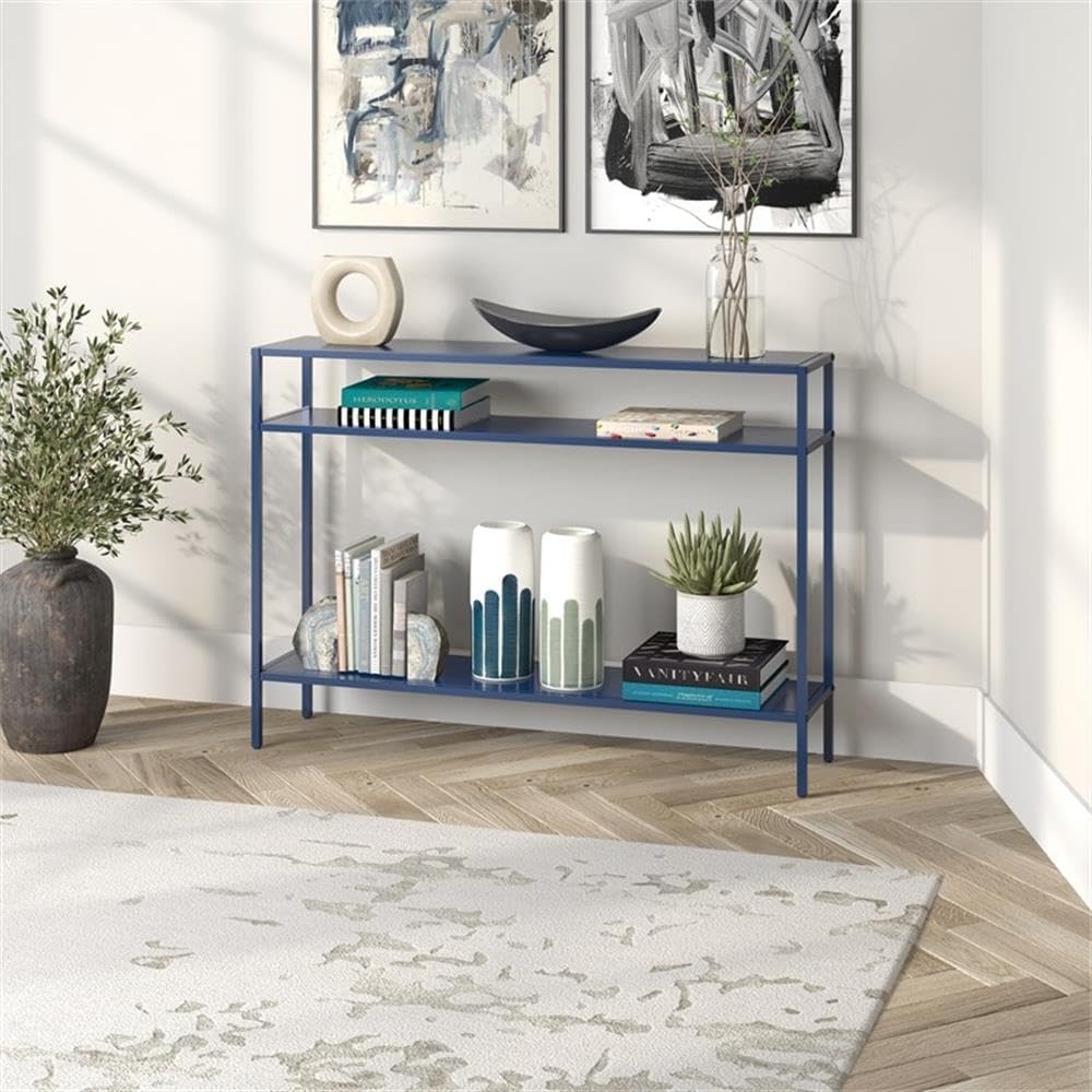 Henn&Hart 42' Modern Metal Rectangular Console Table Entryway Table, Sofa Table with Open Display Shelves for Entryway, Living Room, Couch, Hallway, or Office, Grecian Blue