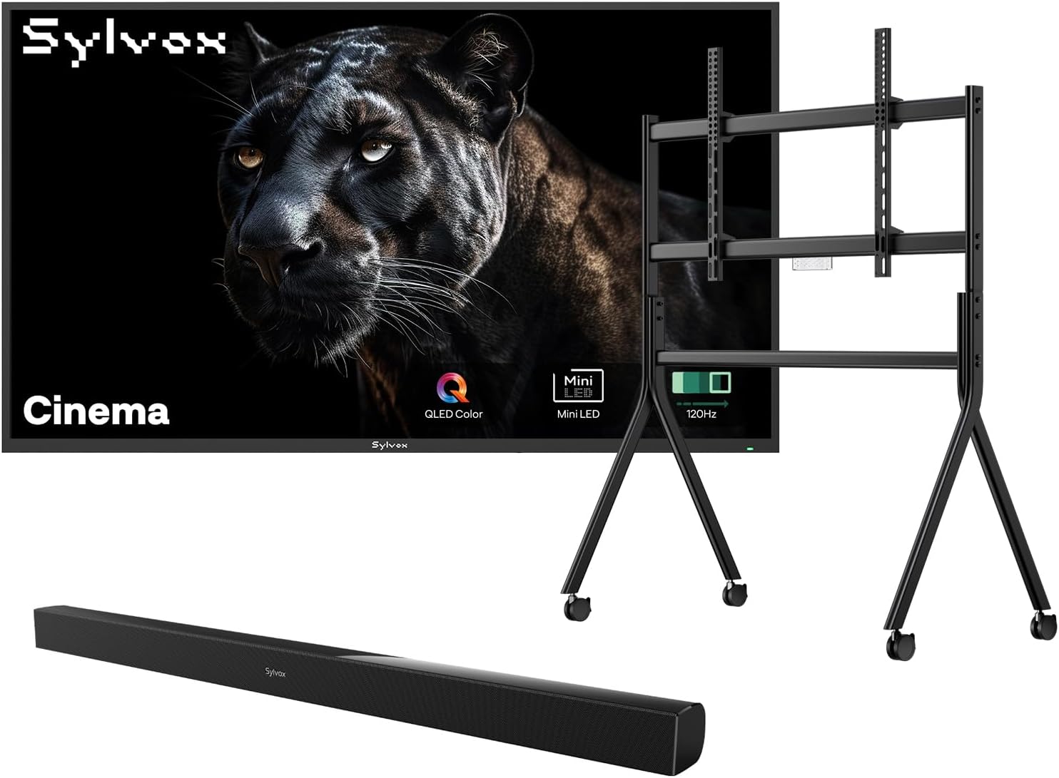 SYLVOX 65 inch Outdoor Mini-LED QLED TV with Rolling Stand & Soundbar, 4K UHD, 2000 Nits Full Sun, Anti-Glare Screen, 120Hz, IP56 Waterproof, Dual 30W Dolby Atmos Speaks (Cinema/2025)